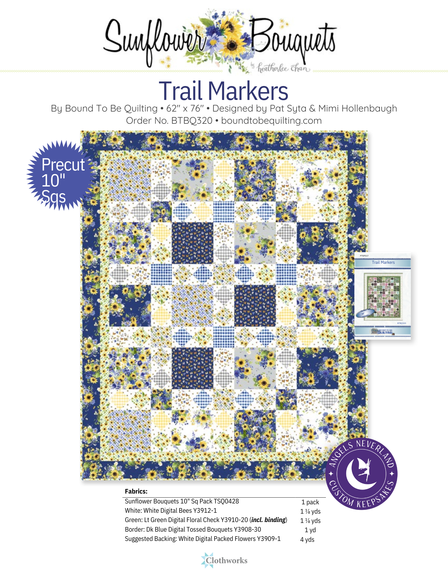 Clothworks Quilt Kit Quilt Kit Only (Top/Binding/Pattern) Sunflower Bouquets Trail Markers QUILT KIT approximate finished size 62" x76"