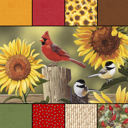 David Textiles Fabric Bundle Sunflower & Bird Panel by David Textiles with coordinating prints 9 Piece Fabric Bundle - (FQ, 1/2 yard & 1 yard bundles)