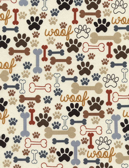 Bones & Paws with "WOOF" by Timeless Treasures - Dog fabric by the yard