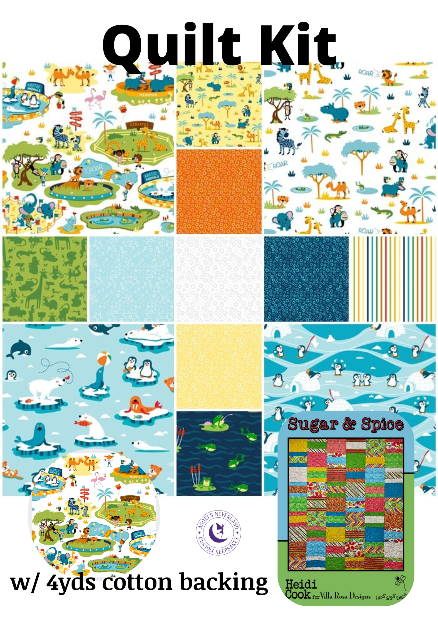 Freckle + Lollie Quilt Kit QK w/ 4 yards Zooville backing Easy DIY Zoo Animal Quilt Kit with Cotton Fabric from Freckle + Lollie, Zooville Collection