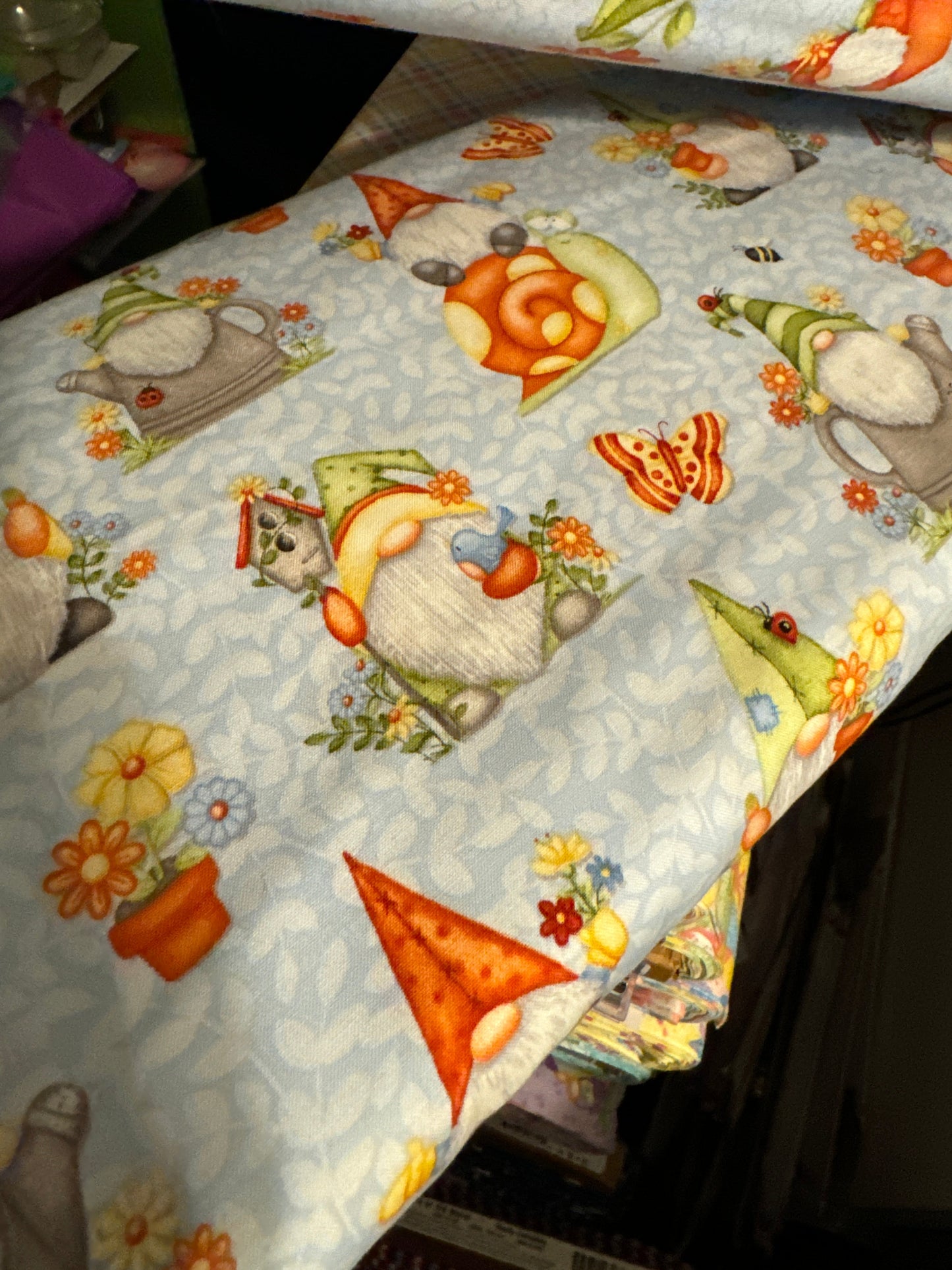 Henry Glass Fabric 2 yards Gnomes Riding Snails Gnome is Where Your Garden Grows, Gnomes Riding Snails Cotton Fabric by the yard