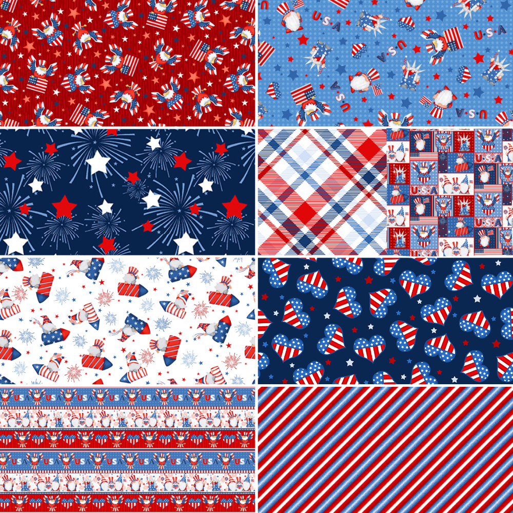 Henry Glass Fabric 9 FQsONLY / NO panel Gnome of the Brave Patriotic Patchwork Cotton Fabric, Gnome Fabric by the yard