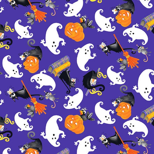 Henry Glass fabric Boo!  Ghosts, Cats and Jack-o-lanterns on purple Multi GLOW IN THE DARK Halloween Fabric