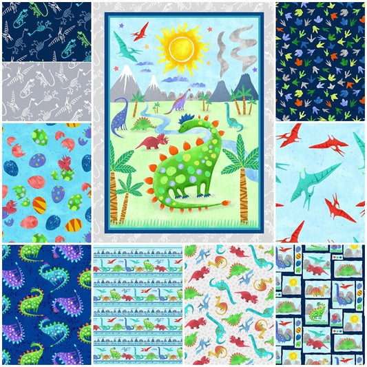 Henry Glass Fabric Bundle Dinosaur Kingdom 1 1/2 yard Fabric Bundle, Panel & 9 fabric cuts
