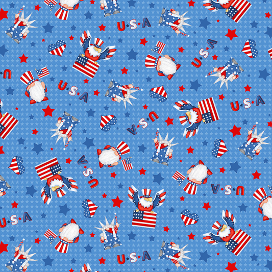 Henry Glass Fabric by the Yard Gnome of the Brave Eagle Flag Toss BLUE Patriotic Cotton Fabric Gnome Fabric By the Yard