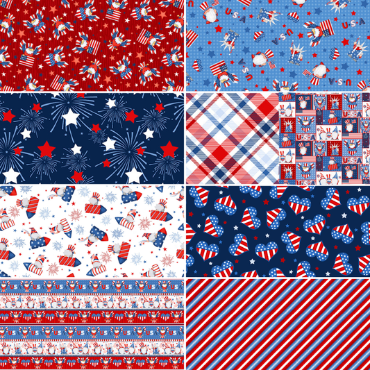 Henry Glass Fabric by the Yard Gnome of the Brave Patriotic Bias Plaid Cotton Fabric, Gnome Fabric by the yard