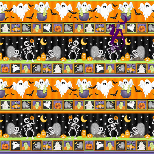 Henry Glass fabric FQ A Haunting We Will Glow Border Stripe Cotton GLOW IN THE DARK Halloween Fabric