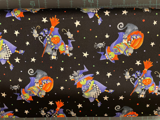 Henry Glass fabric FQ Boo! Tossed Witches 242G-95 Multi GLOW IN THE DARK Halloween Fabric