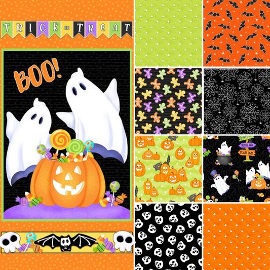 henry glass Fabric FQ Bundle w/ Panel Halloween Sparkle & Glow in the Dark Fabric Bundle with Boo Panel by Henry Glass