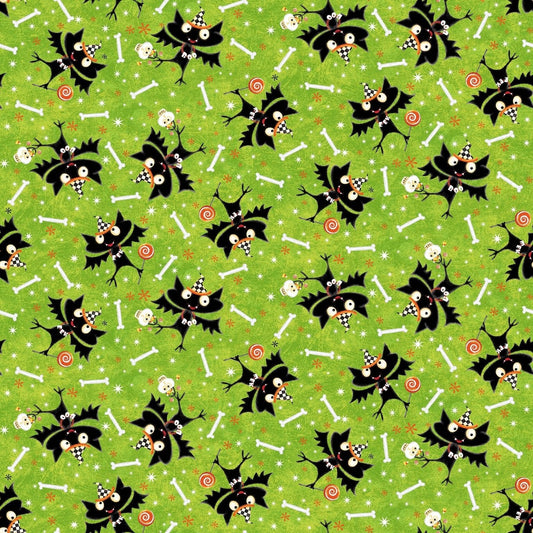 henry glass Fabric Glow Bats on Green Halloween Glow in the Dark Fabric by Henry Glass