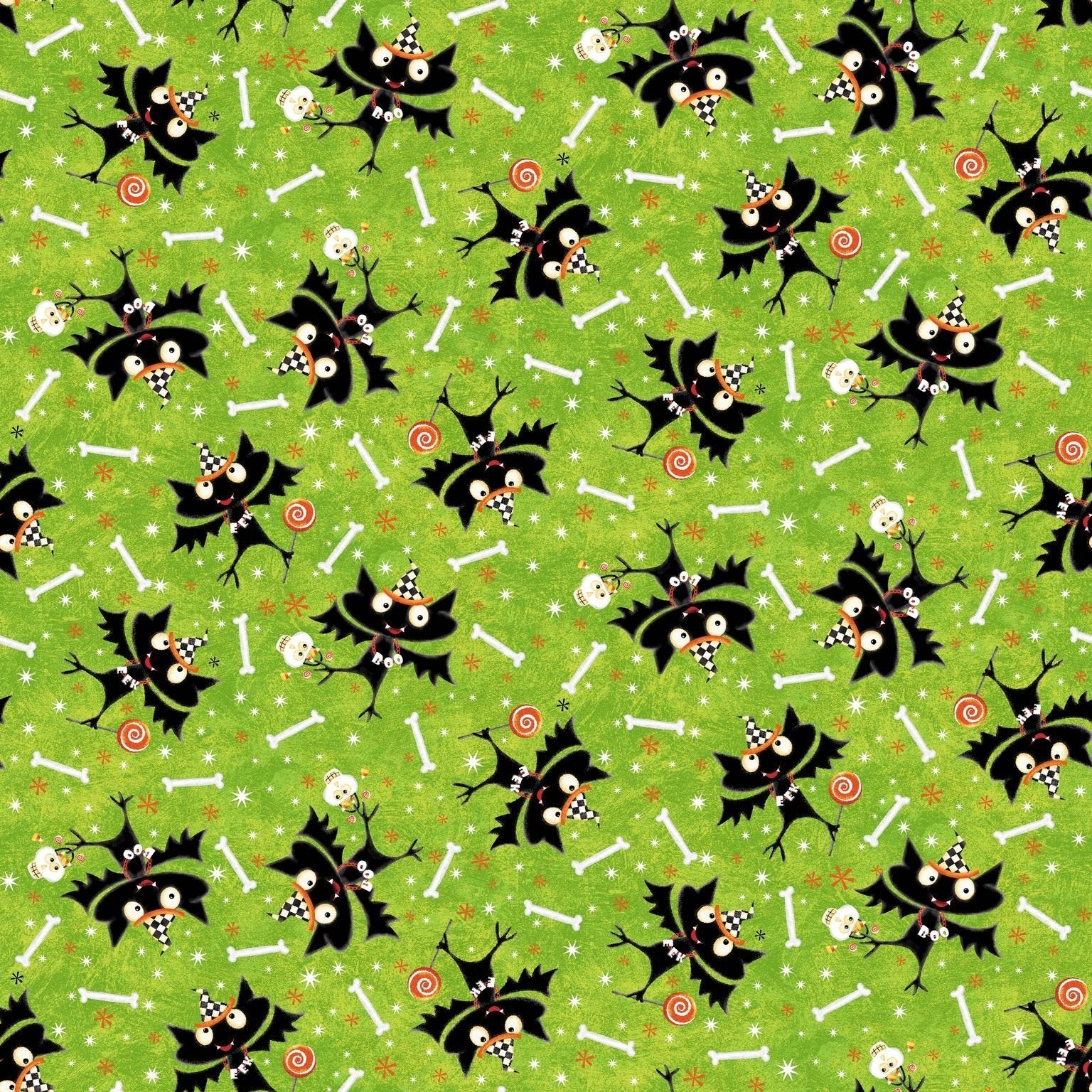 henry glass Fabric Glow Bats on Green Halloween Glow in the Dark Fabric by Henry Glass