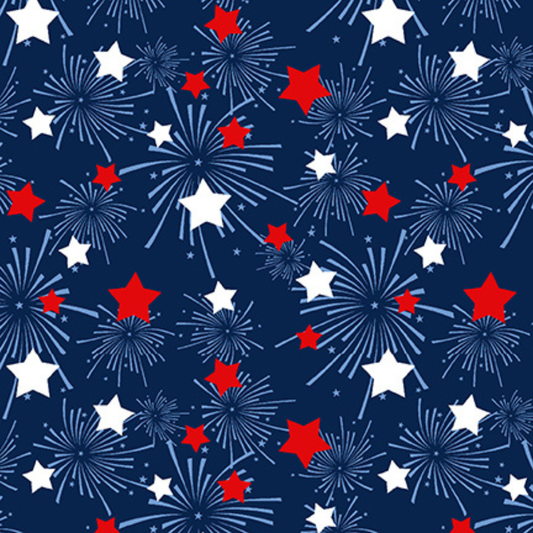 Henry Glass Fabric Gnome of the Brave Fireworks with Stars Patriotic Cotton Fabric By the Yard