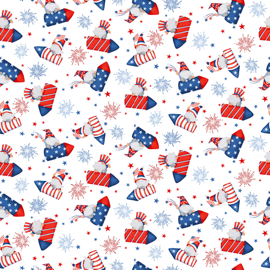 Henry Glass Fabric Gnome of the Brave Patriotic Fabric By the Yard, Patriotic Gnomes on Rockets Cotton Fabric