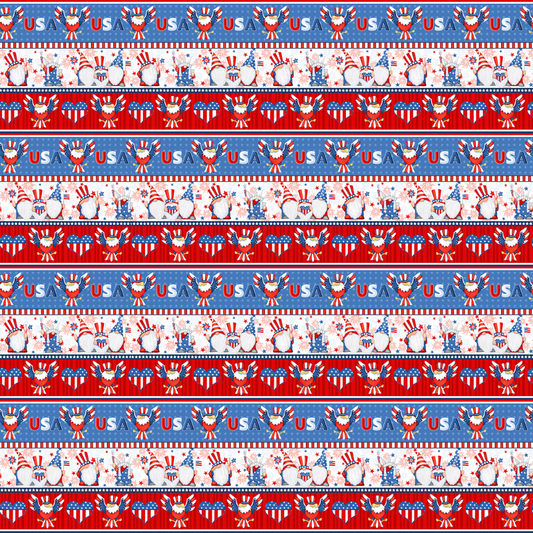 Henry Glass Fabric Gnome of the Brave Patriotic Novelty Border Stripe Cotton Fabric, Gnome Fabric by the yard