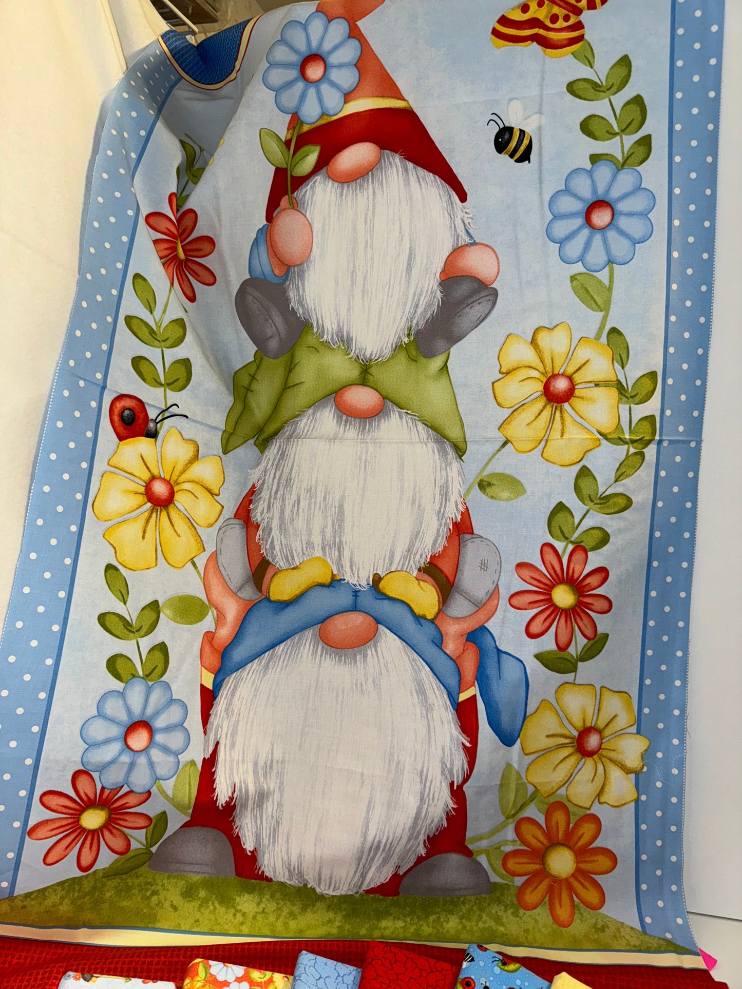 Henry Glass Fabric Gnome Panel Gnome is Where Your Garden Grows, Gnomes Riding Snails Cotton Fabric by the yard