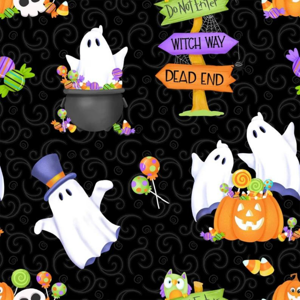 henry glass Fabric Halloween Glow in the Dark Fabric "Halloween Gingerbread Men" Multi colored skeletons