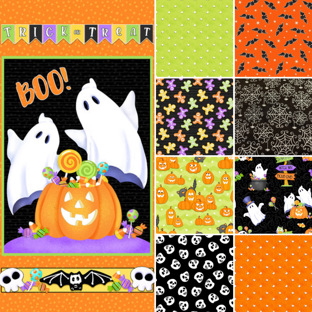 henry glass Fabric Halloween Glow in the Dark Fabric "Halloween Gingerbread Men" Multi colored skeletons
