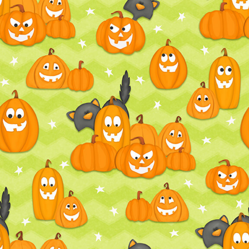 henry glass Fabric Jack-o-Lantern & Cats on Lime Glow in the Dark Halloween Fabric