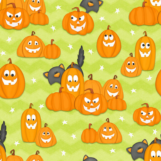henry glass Fabric Jack-o-Lantern & Cats on Lime Glow in the Dark Halloween Fabric
