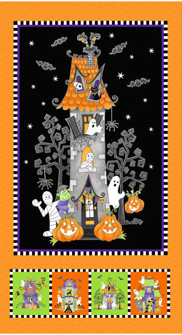 Henry Glass Fabric Panel Fabric Panel from Boo!, Fun Haunted House Cotton GLOW IN THE DARK Halloween Fabric