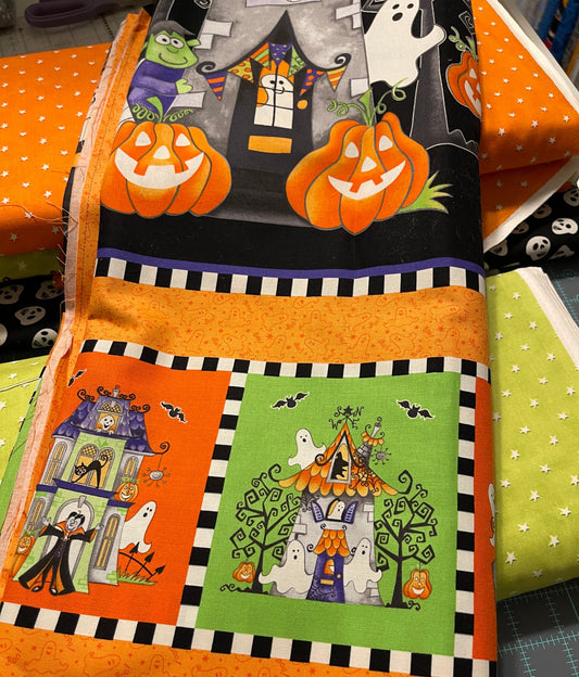 Henry Glass Fabric Panel Fabric Panel from Boo!, Fun Haunted House Cotton GLOW IN THE DARK Halloween Fabric