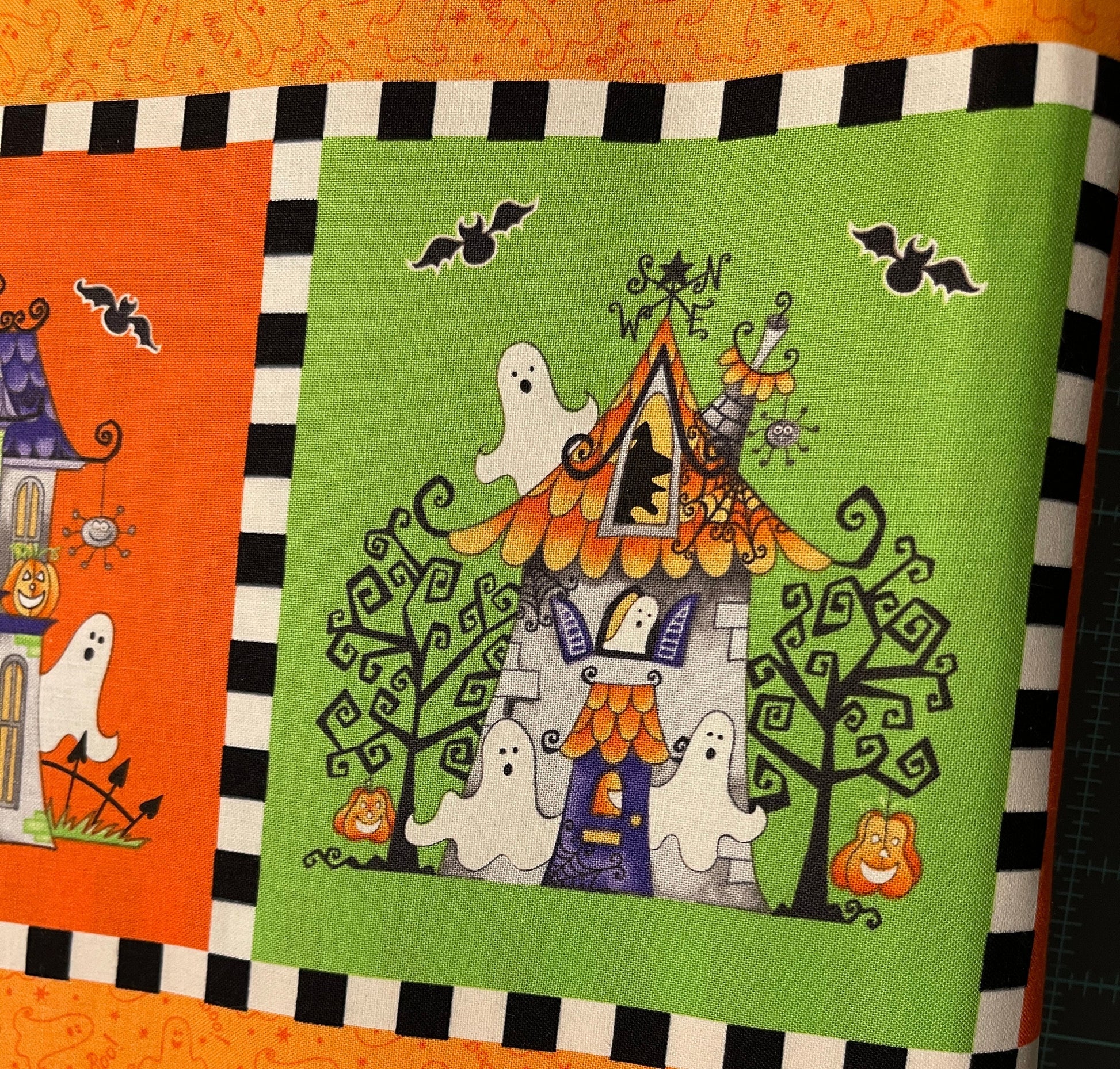 Henry Glass Fabric Panel Fabric Panel from Boo!, Fun Haunted House Cotton GLOW IN THE DARK Halloween Fabric