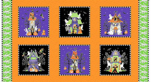 Henry Glass Fabric Panel Multi-Block Panel from Boo!, Fun Haunted House Cotton GLOW IN THE DARK Halloween Fabric