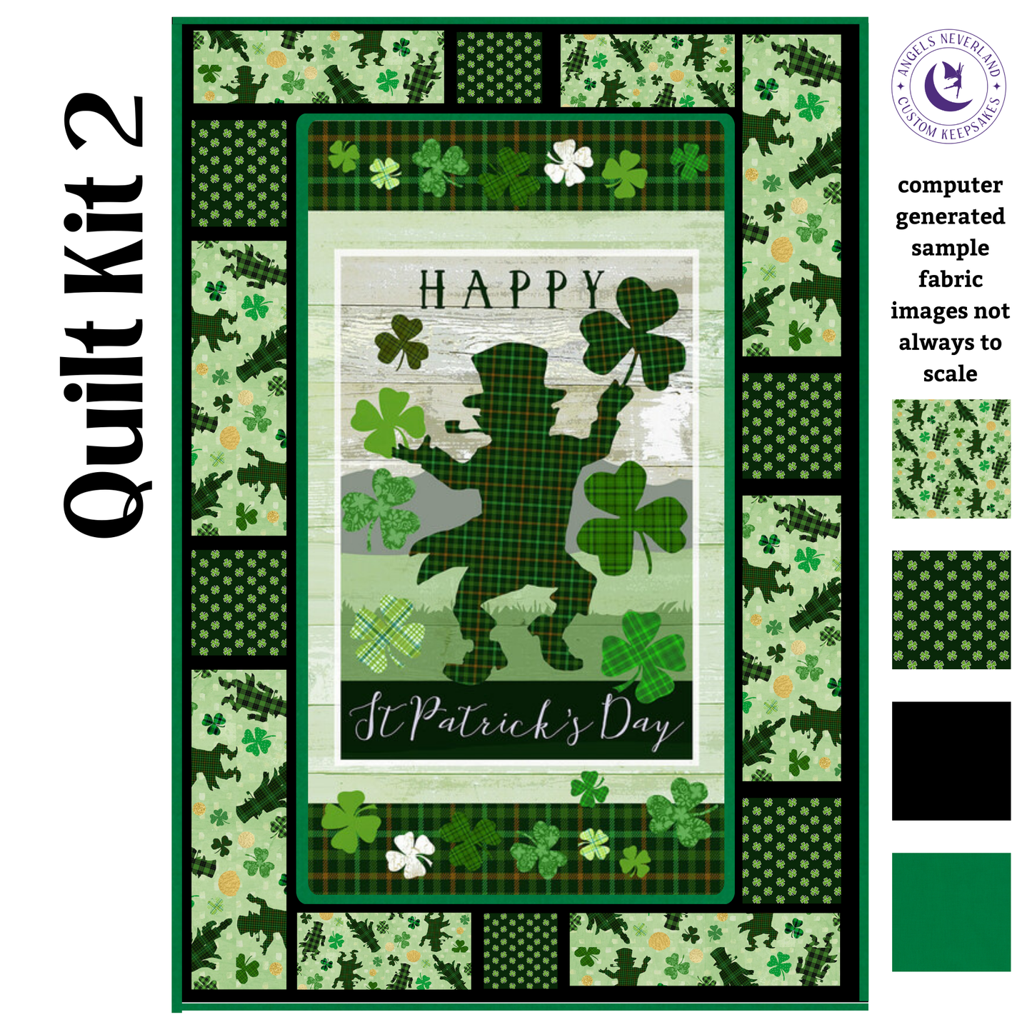 Henry Glass Quilt Kit QUILT KIT 2 no backing Message Board Quilt Kit with Hello Lucky St. Patrick's Day Fabric, Leprechaun Quilt Kit