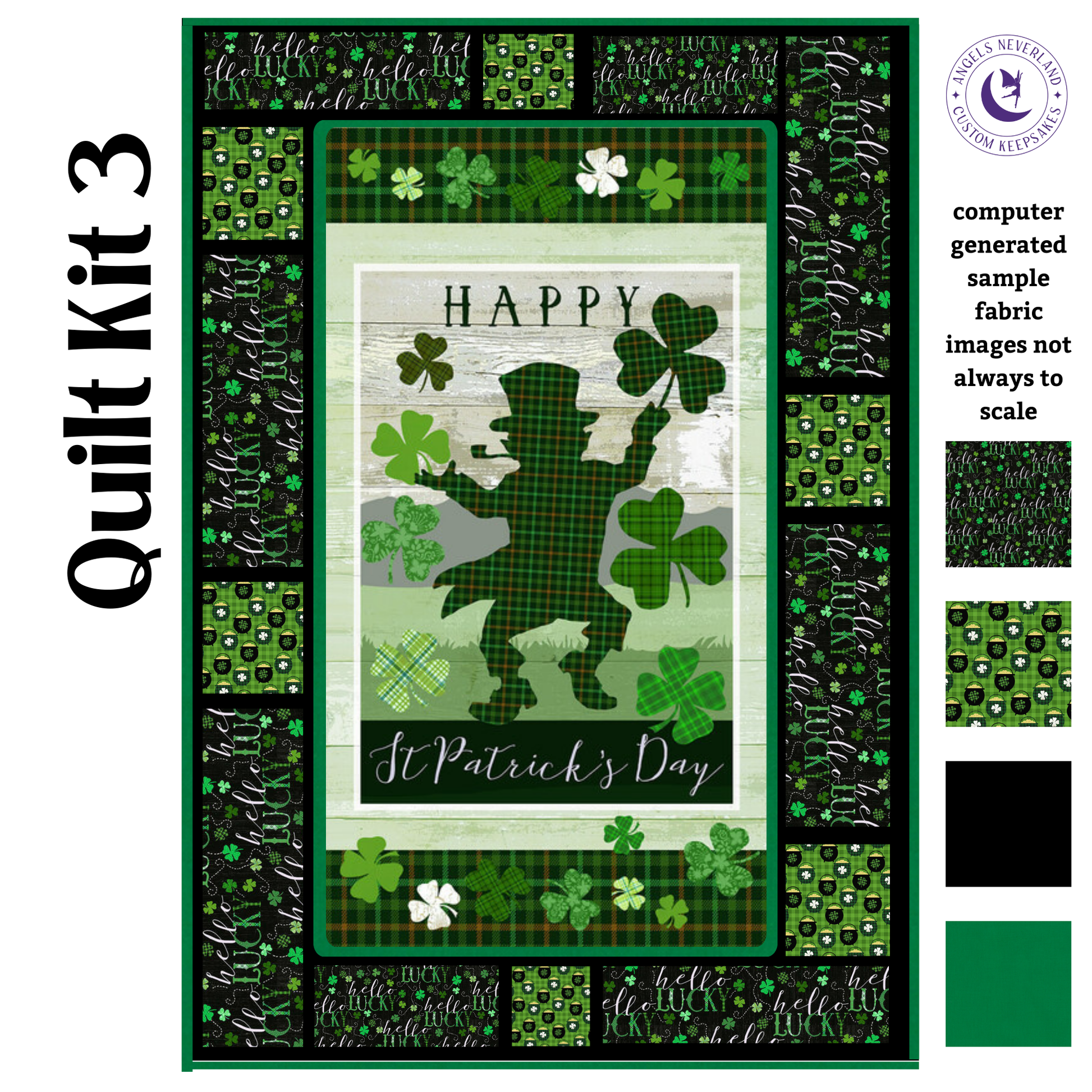 Henry Glass Quilt Kit QUILT KIT 3 no backing Message Board Quilt Kit with Hello Lucky St. Patrick's Day Fabric, Leprechaun Quilt Kit