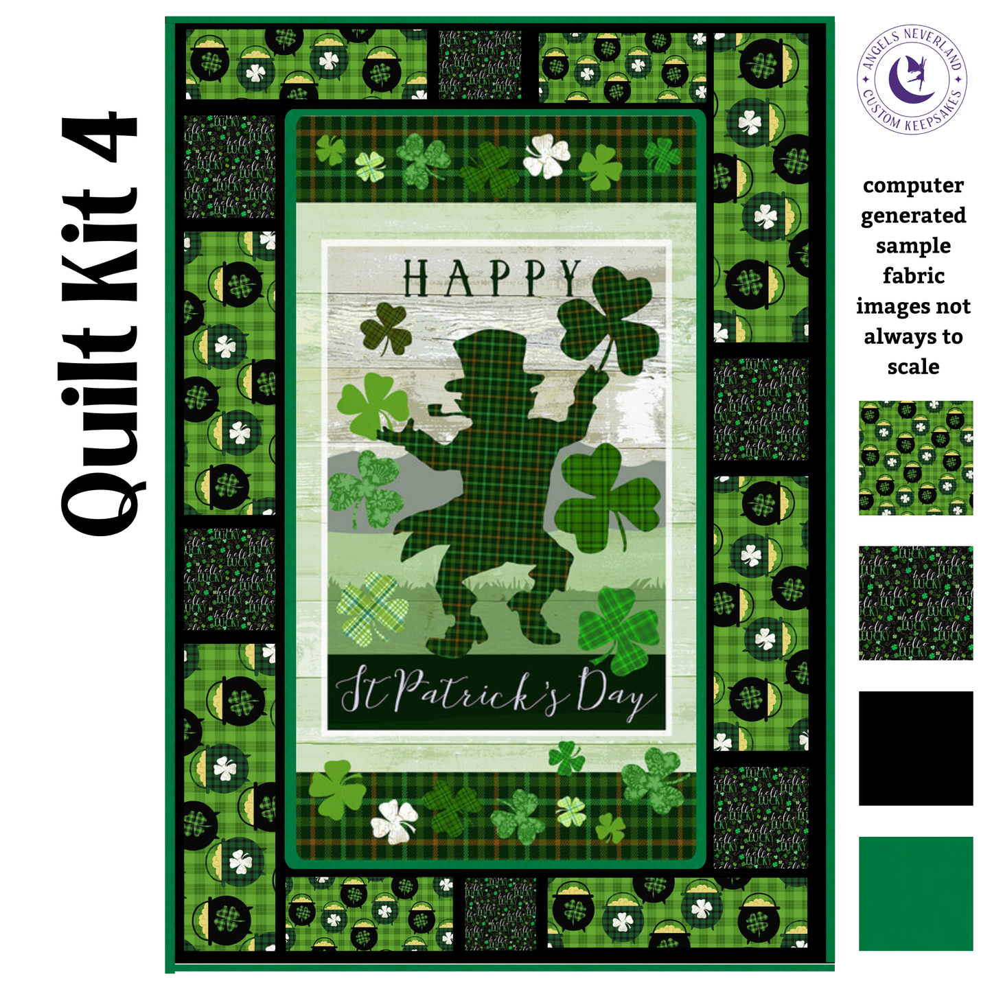 Henry Glass Quilt Kit QUILT KIT 4 no backing Message Board Quilt Kit with Hello Lucky St. Patrick's Day Fabric, Leprechaun Quilt Kit