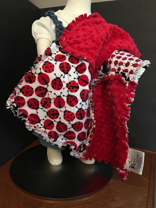 Ladybug Blanket Personalized Baby Gift, Rag quilt sensory lovey blanket