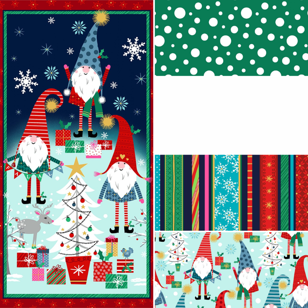 Michael Miller Quilt Kit Kit 3 (no backing) Do the peppermint twist Gnome Beginner Level QUILT KIT finished size 50 x 70 inches, tutorial YouTube instructions