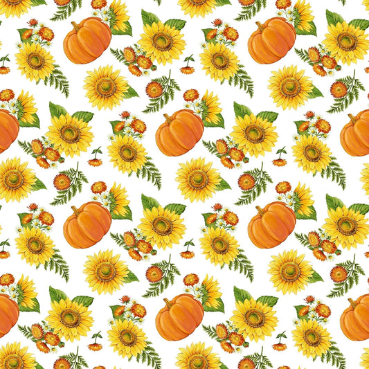 Northcott Fabric by the Yard FQ (18" x 21") Sunshine Harvest Tossed Pumpkins and Sunflowers on a white background Floral Cotton 25457-10