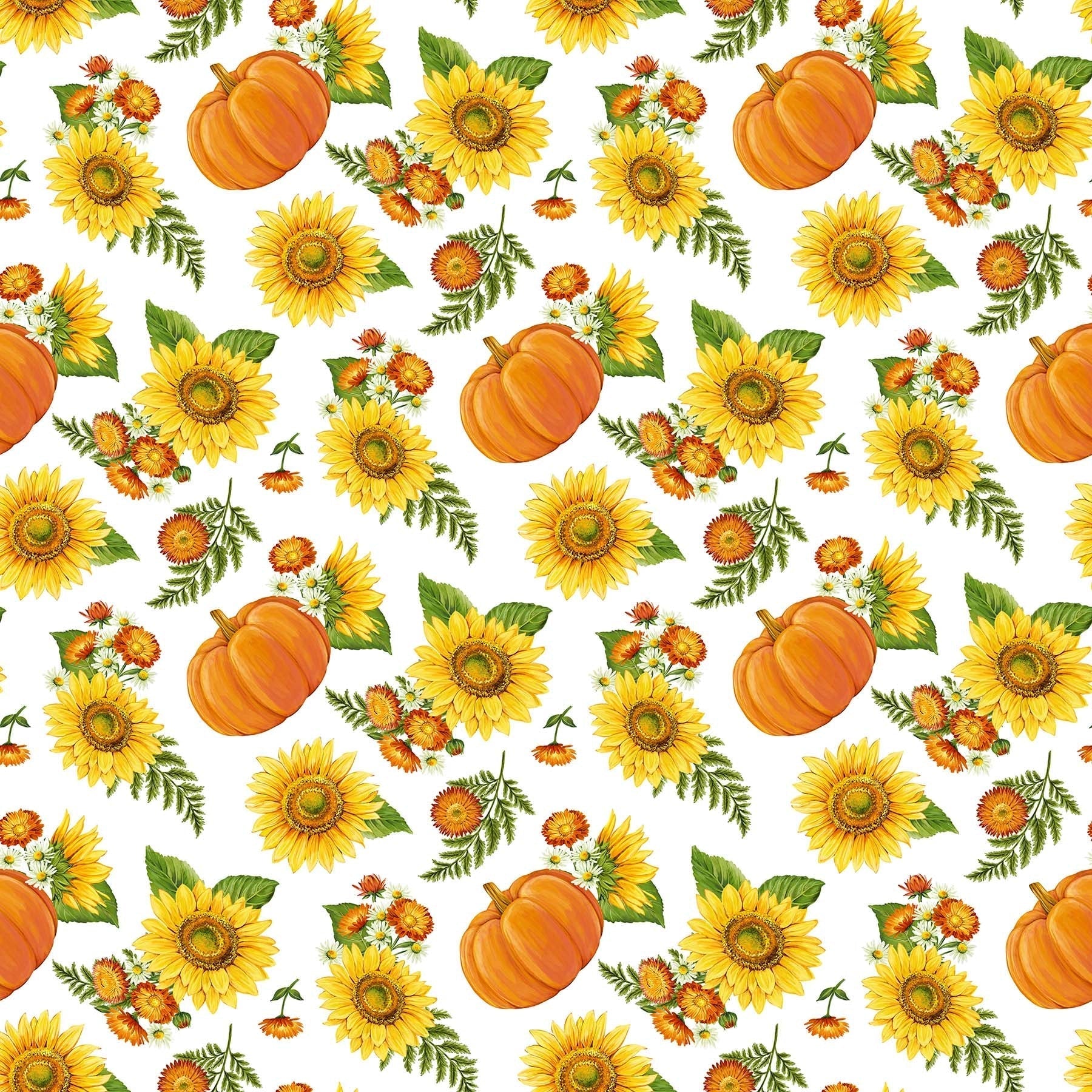 Northcott Fabric by the Yard FQ (18" x 21") Sunshine Harvest Tossed Pumpkins and Sunflowers on a white background Floral Cotton 25457-10