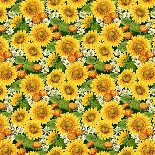 Northcott Fabric Panel Sunshine Harvest Packed Sunflower Floral Cotton 25456-78
