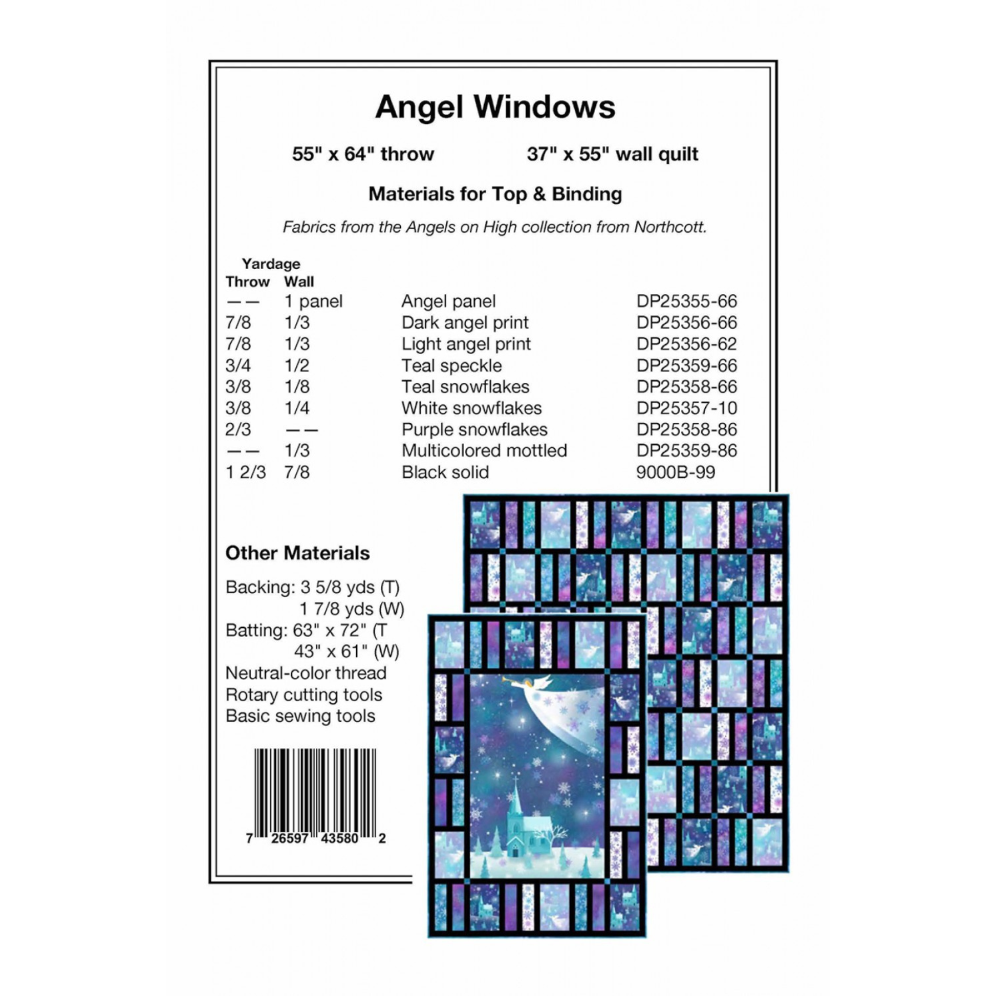Northcott Fabrics Quilt Kit Angel Windows QUILT KIT Throw Size 55" x 64" with Angels On High Cotton Fabric