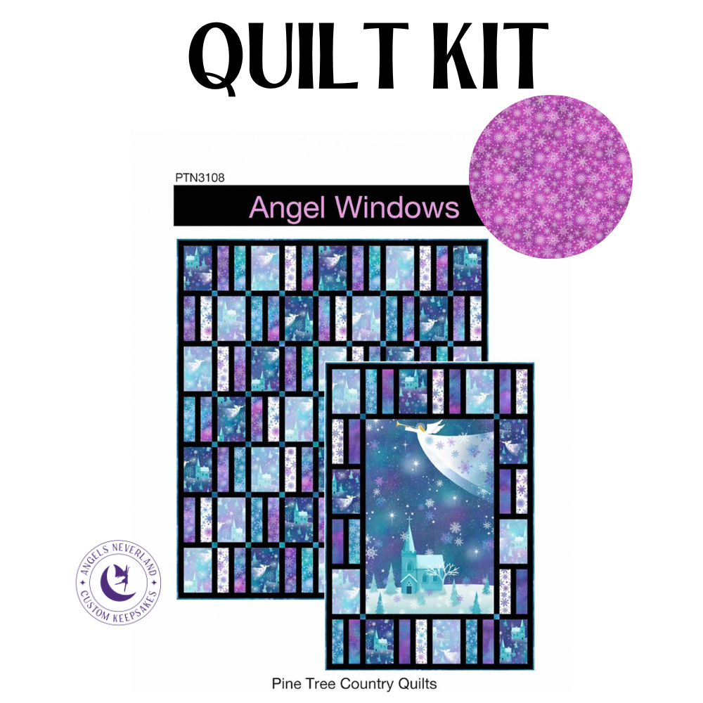 Northcott Fabrics Quilt Kit QUILT KIT w/4 yds bk FUCHSIA snowflakes Angel Windows QUILT KIT Throw Size 55" x 64" with Angels On High Cotton Fabric