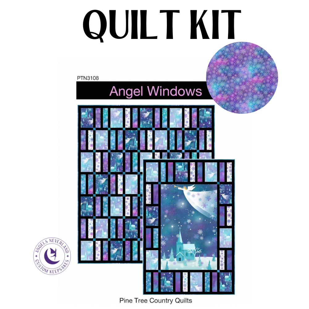 Northcott Fabrics Quilt Kit QUILT KIT w/4 yds bk PURPLE snowflakes Angel Windows QUILT KIT Throw Size 55" x 64" with Angels On High Cotton Fabric