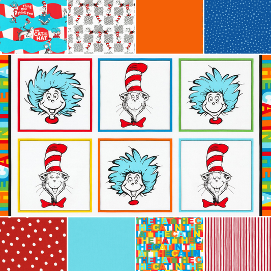 Robert Kaufman fabric bundle FQ Bundle with panel (9 pc) Dr. Seuss Cat In The Hat and Thing One and Thing Two Panel FQ Fabric Bundle