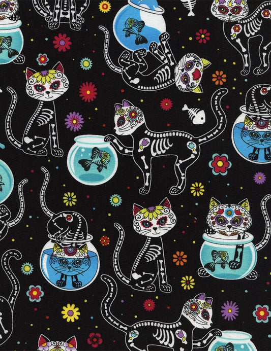 Timeless Treasures Fabric 1 yard (36"x44") Day of the Dead Cats Halloween Fabric by Timeless Treasures