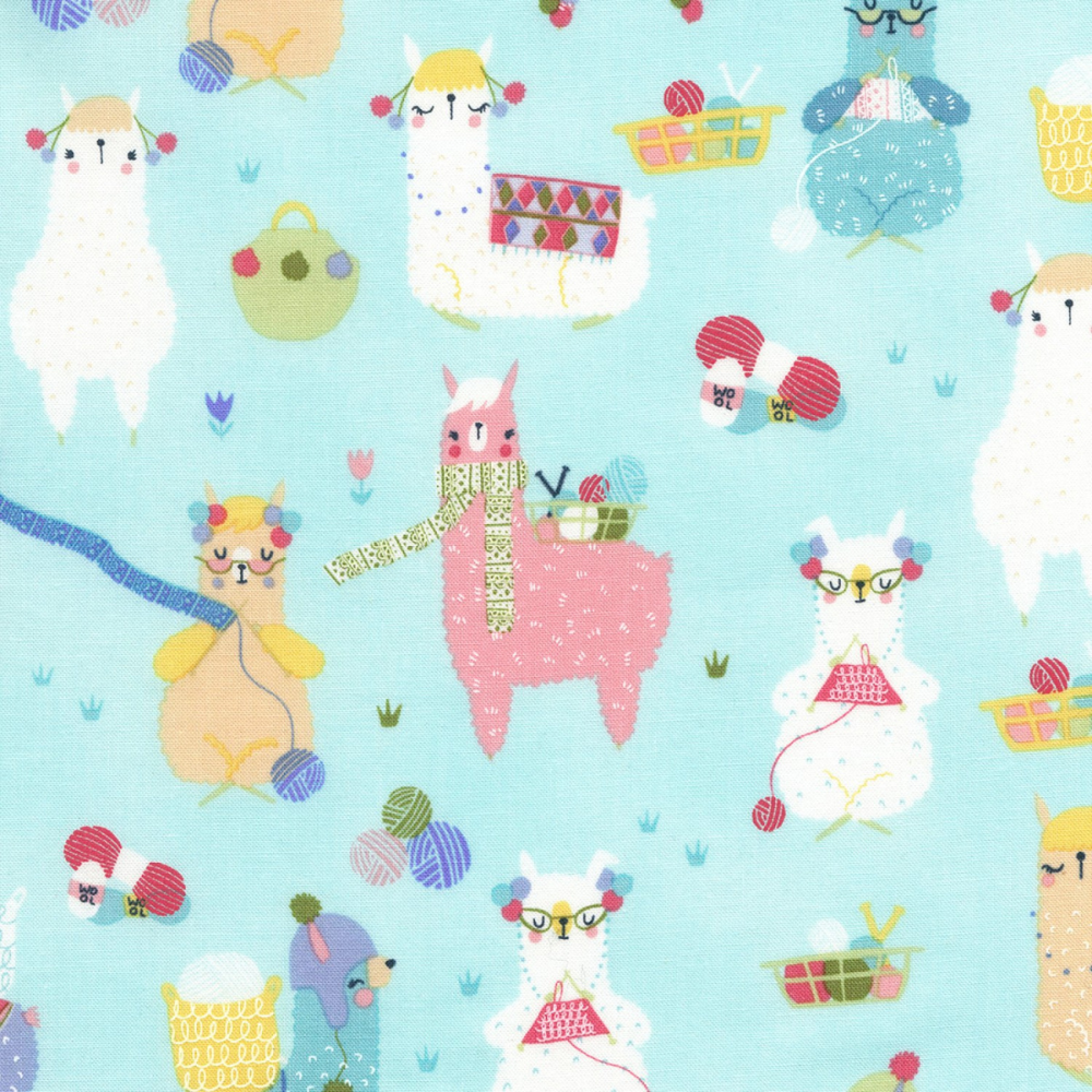 Timeless Treasures Fabric Aqua Knitting Alpaca, Llama Fabric, Cotton fabric by the yard