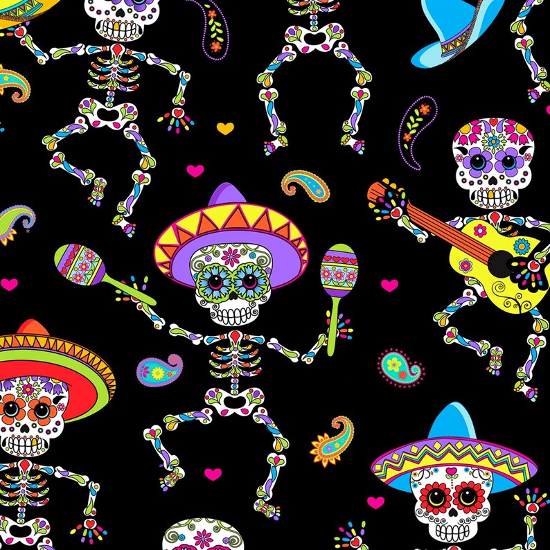 Timeless Treasures fabric bundle Day of the Dead Skeletons, Pups and Cats FQ Bundle