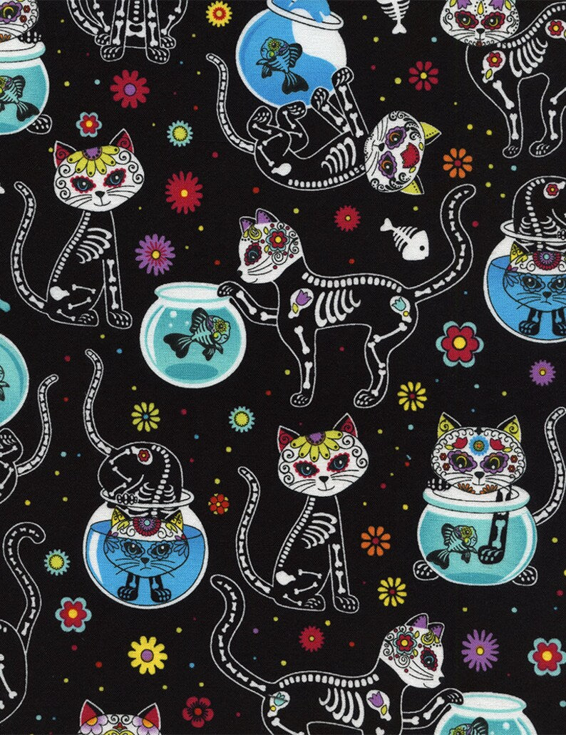 Timeless Treasures fabric bundle Day of the Dead Skeletons, Pups and Cats FQ Bundle