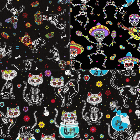 Timeless Treasures fabric bundle Day of the Dead Skeletons, Pups and Cats FQ Bundle