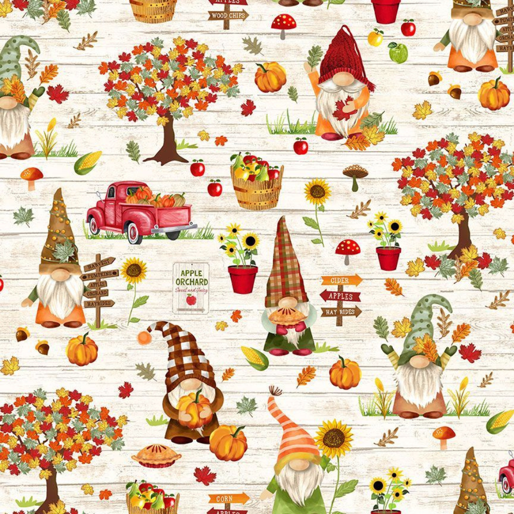 Timeless Treasures fabric bundle Gnomes Pumpkin Patch & Apple Picking Fabric Bundle (FQ, 1/2 yard, 1 yard), 7 pieces