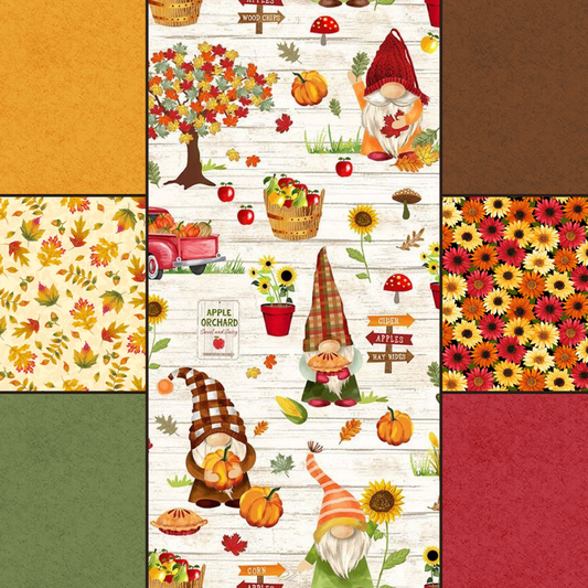 Timeless Treasures fabric bundle Gnomes Pumpkin Patch & Apple Picking Fabric Bundle (FQ, 1/2 yard, 1 yard), 7 pieces