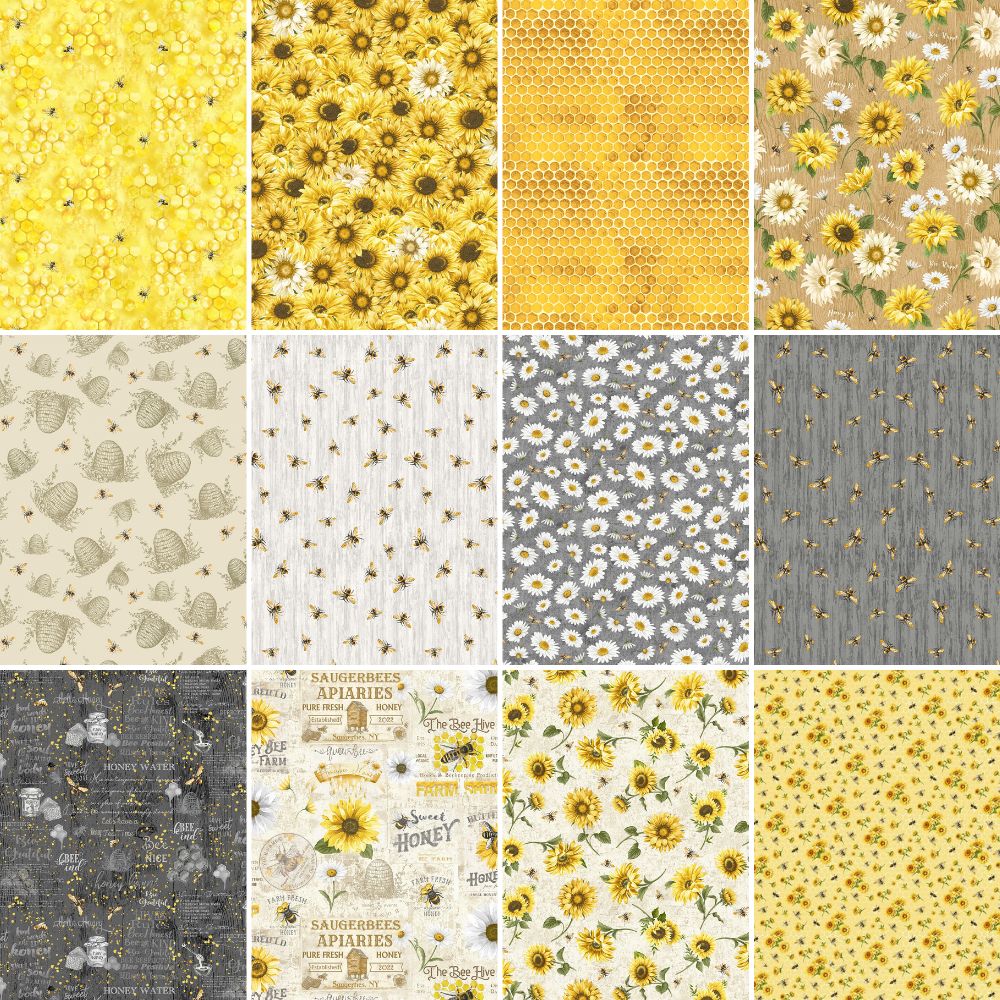 Timeless Treasures Fabric Bundle Honey Bee Farm COMPLETE 1/2 yard Bundle Collection (16 pieces)