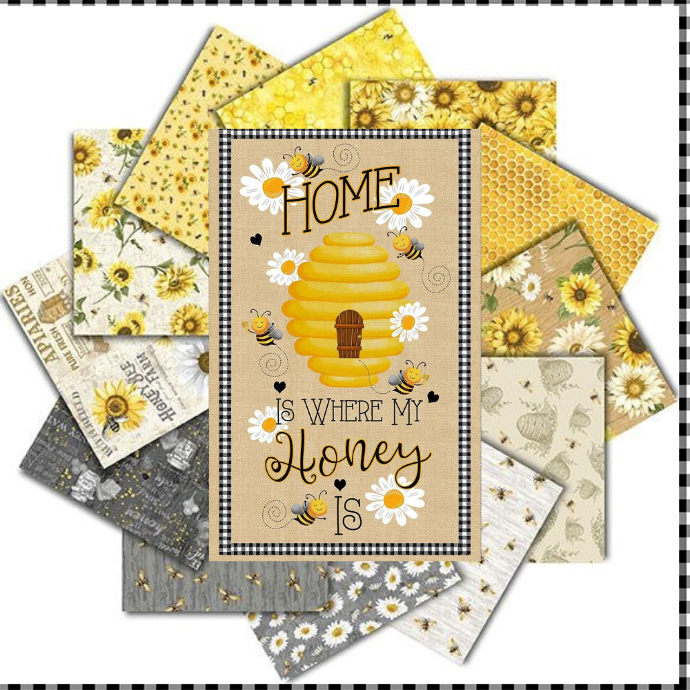 Timeless Treasures Fabric Bundle Honey Bee Farm FQ Bundled Fabric with Home Is Where My Honey Is Panel and 1 yard Black Check Fabric