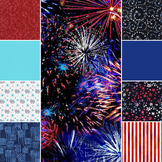 Timeless Treasures Fabric Bundle Patriotic Fabric, 4th of July and fireworks Bundled Fabric (FQ, 1/2 yard and 1 yard choices)