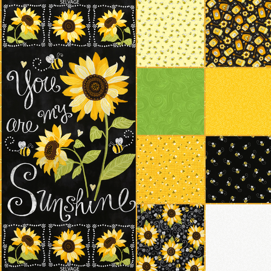 Timeless Treasures Fabric FAT QUARTER BUNDLE You are my Sunshine Featuring THE BEES Fabric bundle with Sunflower Cotton Panel Fabric and 8 Print Bundle FQ, 1/2 yard or 1 yard